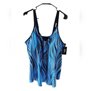 Daci Blue & Black Paisley Polka Dot Flowy Blouson Tankini Top  Size Plus 26W NWT
